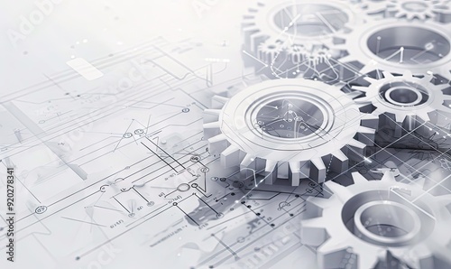 White Cogs and Gears on Abstract Blueprint