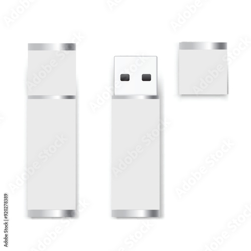 A white USB flash drive with a detachable cap and metallic accents. Vector illustration