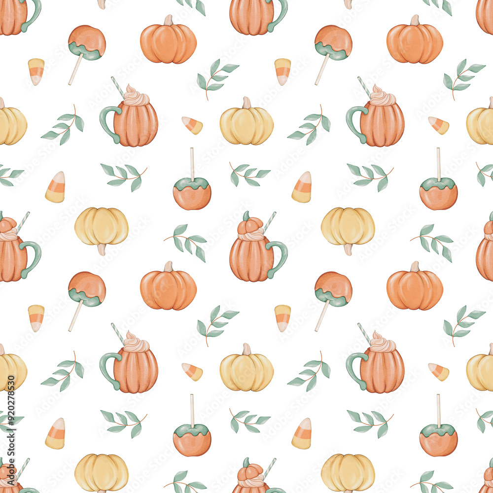 Seamless pattern with pumpkins, mugs and leaves Seamless pattern with pumpkins, mugs and leaves