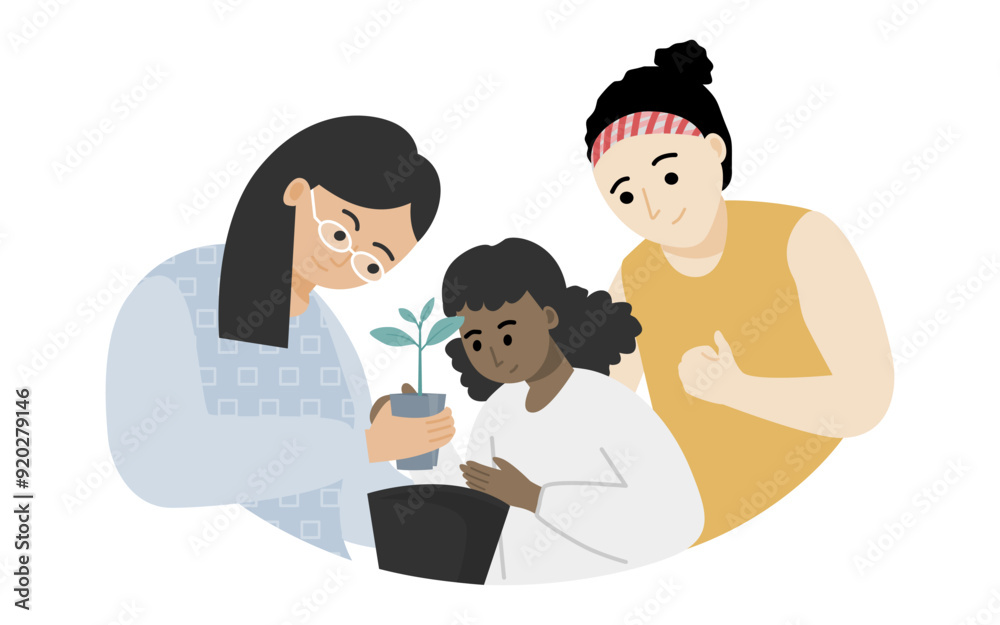 Parent and child gardening together in diverse family concept. Parent and child gardening together in diverse family concept.