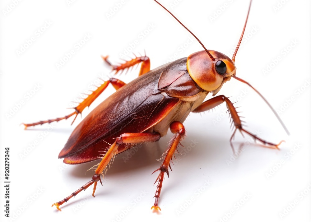 A single American cockroach, Periplaneta americana, with shining brownish-red exoskeleton and long antennae, stands isolated on a clean white studio background, highlighting details. A single American cockroach, Periplaneta americana, with shining brownish-red exoskeleton and long antennae, stands isolated on a clean white studio background, highlighting details.