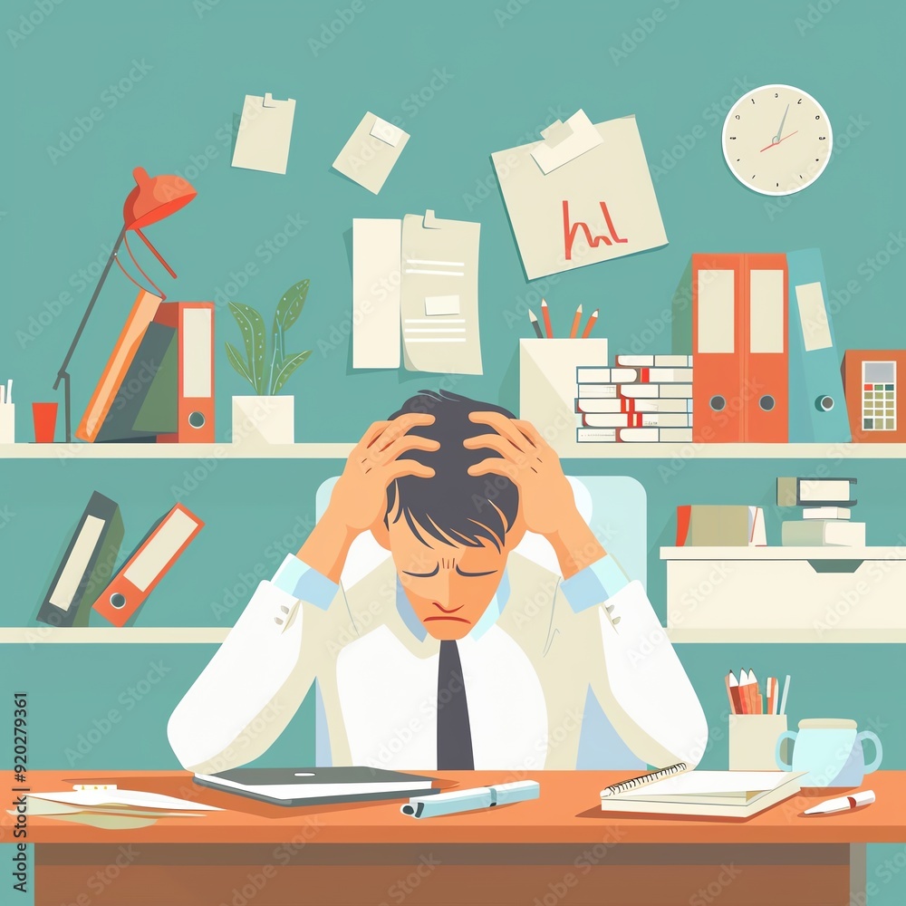 Frustrated office worker sitting at desk surrounded by paperwork, overwhelmed with stress, and clutching head in modern workspace illustration. Frustrated office worker sitting at desk surrounded by paperwork, overwhelmed with stress, and clutching head in modern workspace illustration.