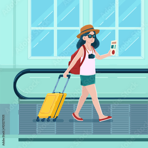 Girl Traveler Walking With Suitcase at The Airport Escalator.