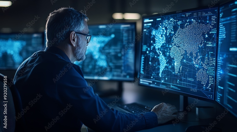 Obraz premium Expert analyzing global data on multiple screens in a high-tech control room, showcasing innovation and technology.