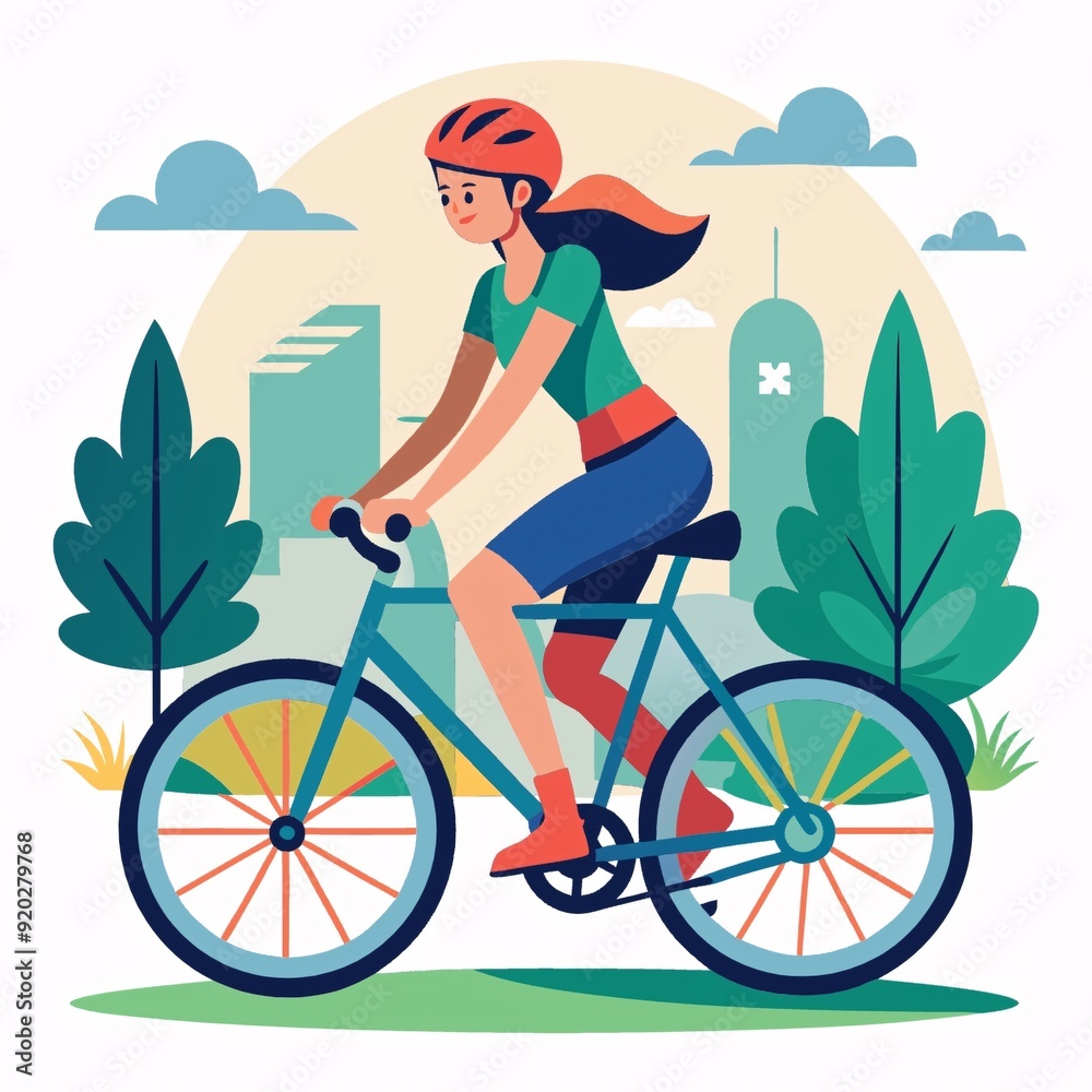 Naklejka premium Woman riding bike. Healthy lifestyle, sport, outdoor activity concept. Vector illustration