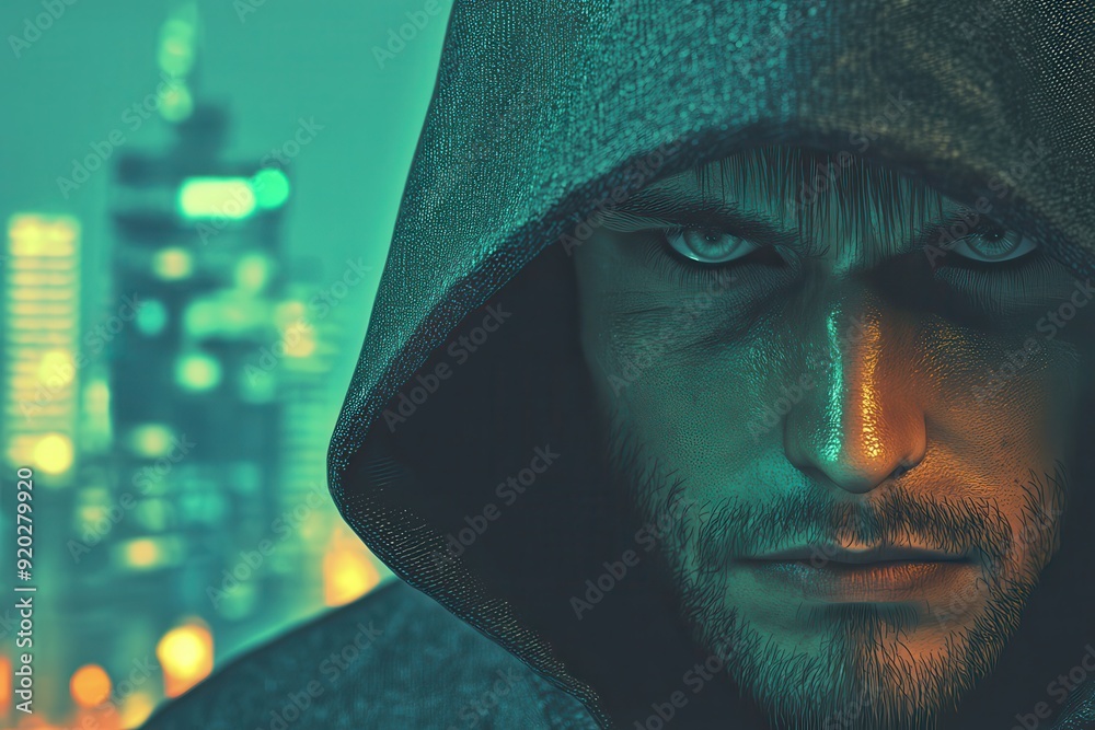 A hacker dressed in a jacket and hood operates against the backdrop of a large city at night, symbolizing the concept of computer data security.
A hacker dressed in a jacket and hood operates against the backdrop of a large city at night, symbolizing the concept of computer data security.