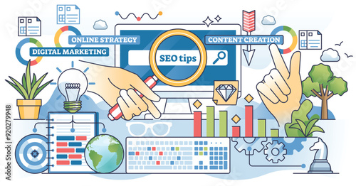 Keyword research for effective online SEO management outline hands concept. Search engine optimization tips for effective and targeted digital marketing and content creation vector illustration.