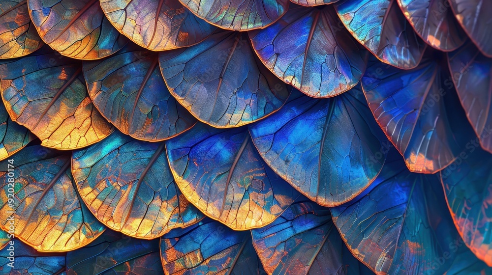 Colorful leaves with a textured surface reflect light, creating a vivid, scale-like appearance in warm and cool tones Colorful leaves with a textured surface reflect light, creating a vivid, scale-like appearance in warm and cool tones