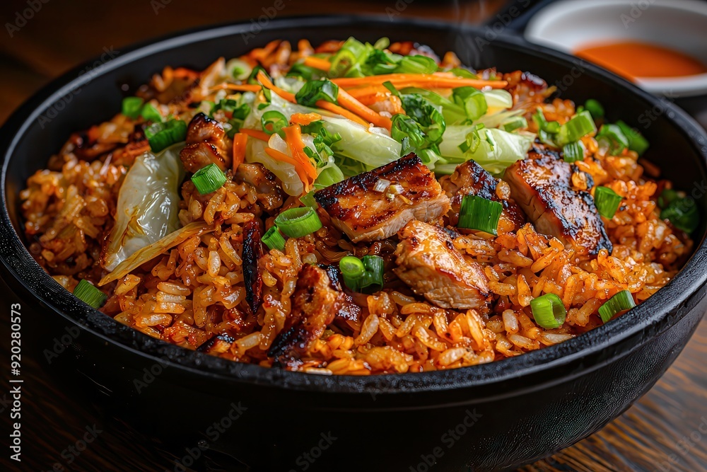 A dish of Korean Dak Galbi, featuring fried rice with chicken and cabbage.
A dish of Korean Dak Galbi, featuring fried rice with chicken and cabbage.