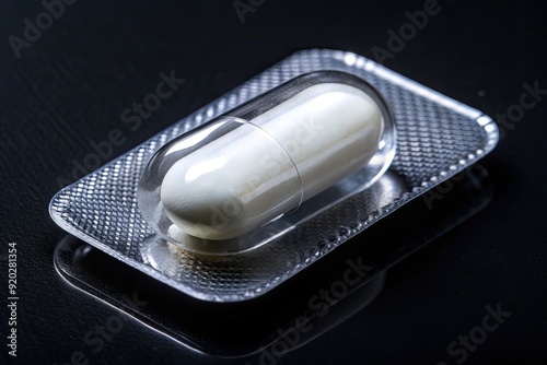 A single white pill lies inside a transparent plastic blister pack, illuminated against a dark background, highlighting its contours and pharmaceutical details. photo