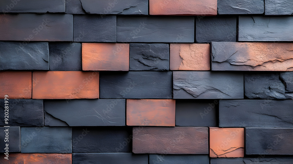 A textured wall featuring dark and copper-colored bricks arranged in a modern pattern. A textured wall featuring dark and copper-colored bricks arranged in a modern pattern.
