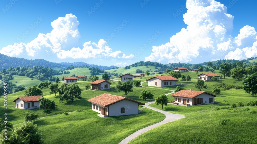 Idyllic rural scene with charming houses, lush green hills, and vibrant blue skies, perfect for nature and landscape themes. Idyllic rural scene with charming houses, lush green hills, and vibrant blue skies, perfect for nature and landscape themes.
