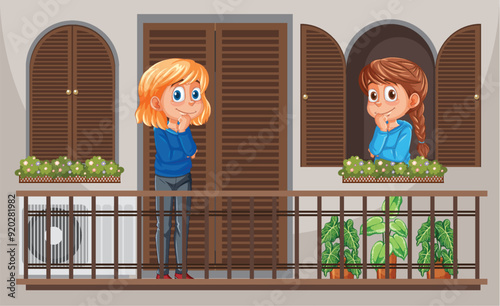 Neighbors Chatting on Balcony