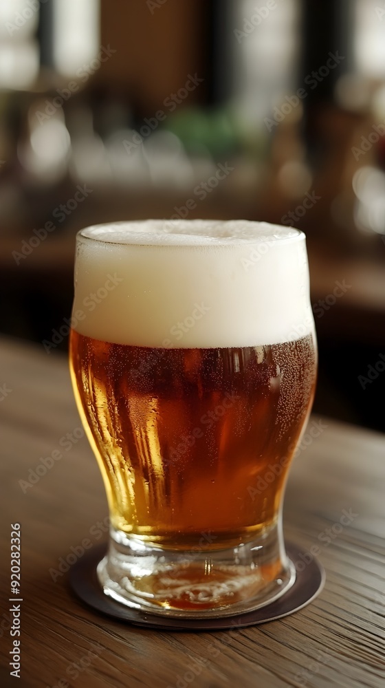 Freshly Poured Amber Craft Beer Fills Glass on Wooden Tabletop in Pub or Brewery Setting Freshly Poured Amber Craft Beer Fills Glass on Wooden Tabletop in Pub or Brewery Setting