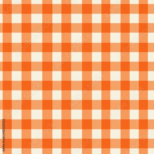 Vibrant orange gingham seamless pattern background features repeating checks of bright orange and white in a continuous textured design.