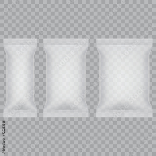 Three white packaging bags of different sizes. Vector illustration