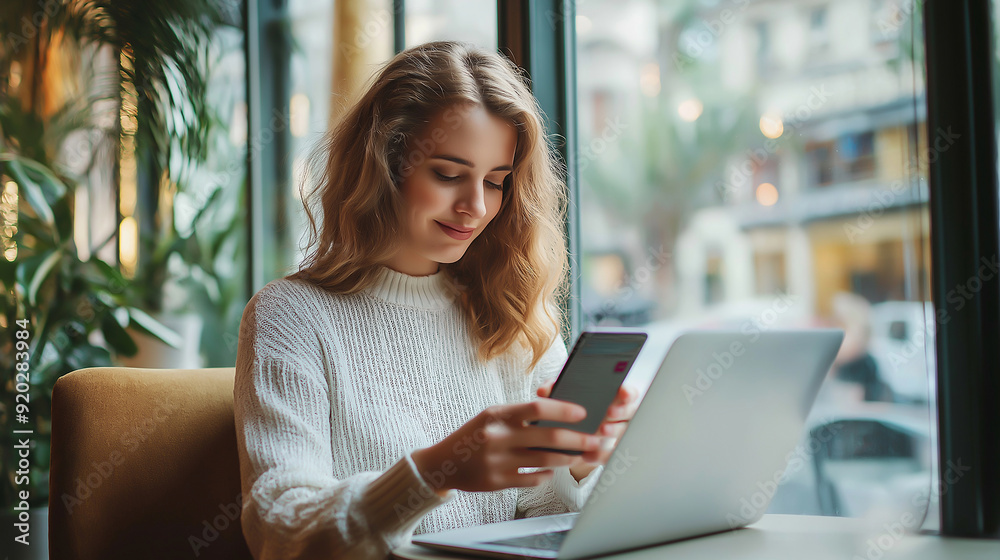 Close up of a young woman using a mobile phone and laptop, working online on her mobile phone doing digital marketing work for a web design agency Close up of a young woman using a mobile phone and laptop, working online on her mobile phone doing digital marketing work for a web design agency