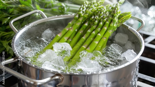 Blanching: Briefly boiling food and then plunging it into ice water to halt cooking. This method preserves color and texture, commonly used for vegetables before freezing.
 photo