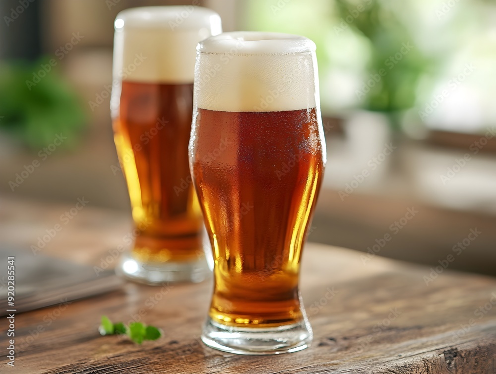 Freshly Poured Beer Glasses on Rustic Wooden Table Freshly Poured Beer Glasses on Rustic Wooden Table