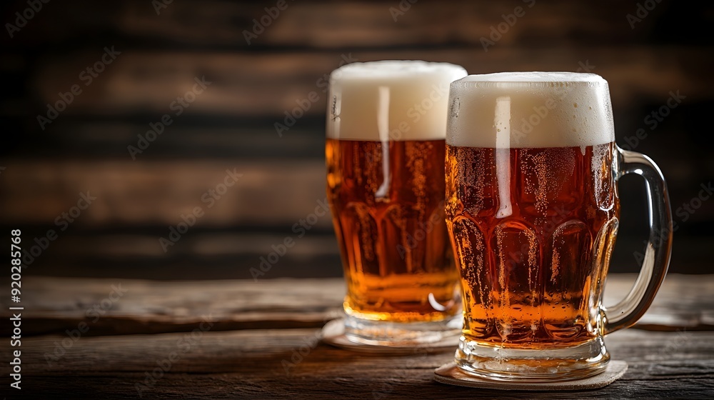 Freshly Poured Amber Craft Beer in Traditional Mugs on Rustic Wooden Table