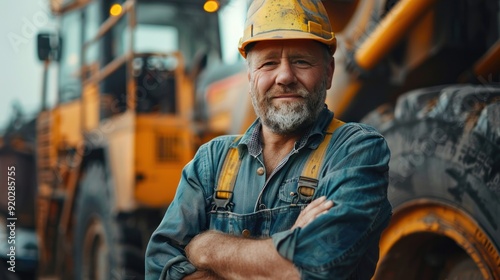 Construction Worker Standing in Front of Excavator
