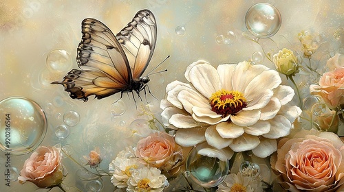   Butterfly flying over flower with bubbles and flowers in foreground