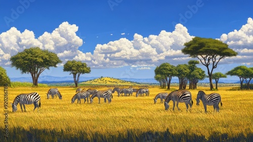 A Herd of Zebras Grazing in the African Savanna