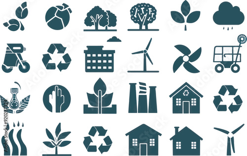 A clean vector icon set including a green energy, nature conservation, carbon footprint, and sustainability