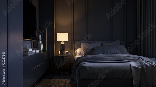 The bedroom's decor is simple and mostly black. representation of a 3D illustration.