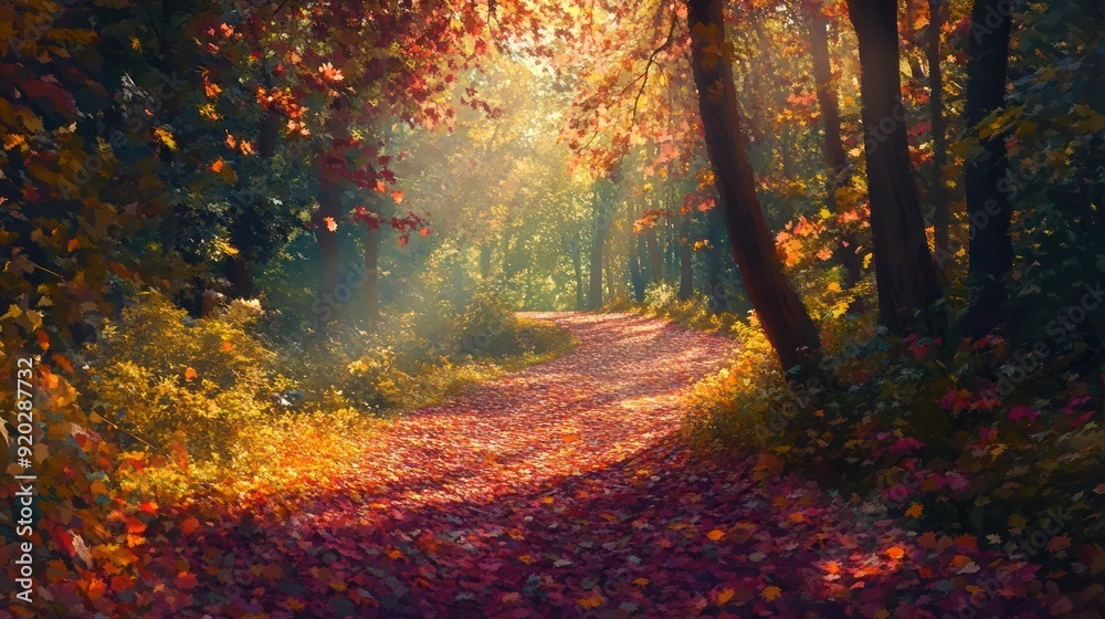 Autumn Forest Path with Golden Sunlight Autumn Forest Path with Golden Sunlight
