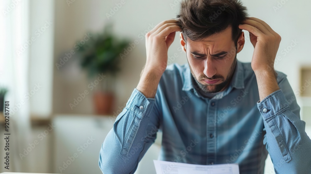 Man overwhelmed by bills and past-due notices, debt stress, financial burden Man overwhelmed by bills and past-due notices, debt stress, financial burden