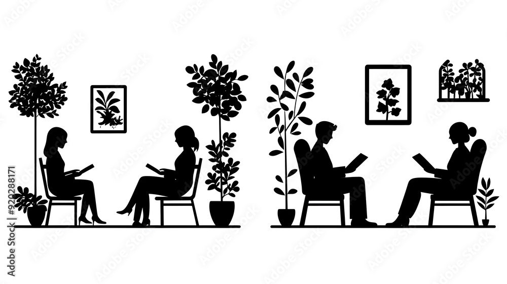 Two silhouettes of people reading in a serene indoor environment with plants. Two silhouettes of people reading in a serene indoor environment with plants.