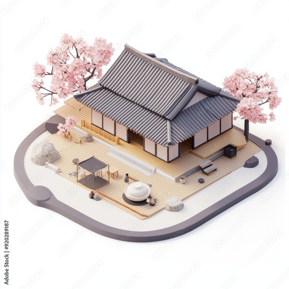 3D Render of a Japanese cultural center with exhibition spaces, tea rooms, and traditional decor 3D Render of a Japanese cultural center with exhibition spaces, tea rooms, and traditional decor