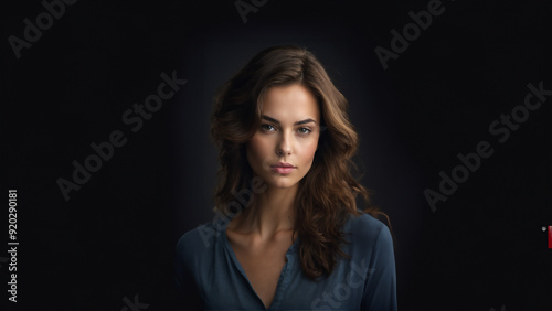 Fresh-faced beauty with flawless skin and captivating eyes. Young brunette model in studio setting with natural makeup and sleek hairstyle. Perfect for cosmetic and beauty campaigns