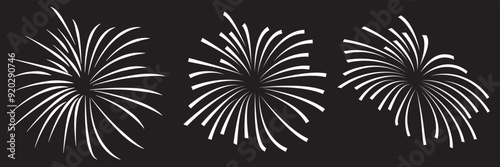 Set of firework icons. Fireworks with stars and sparks isolated on black background. Firework simple white line icons isolated on black background. Vector illustration. EPS 10