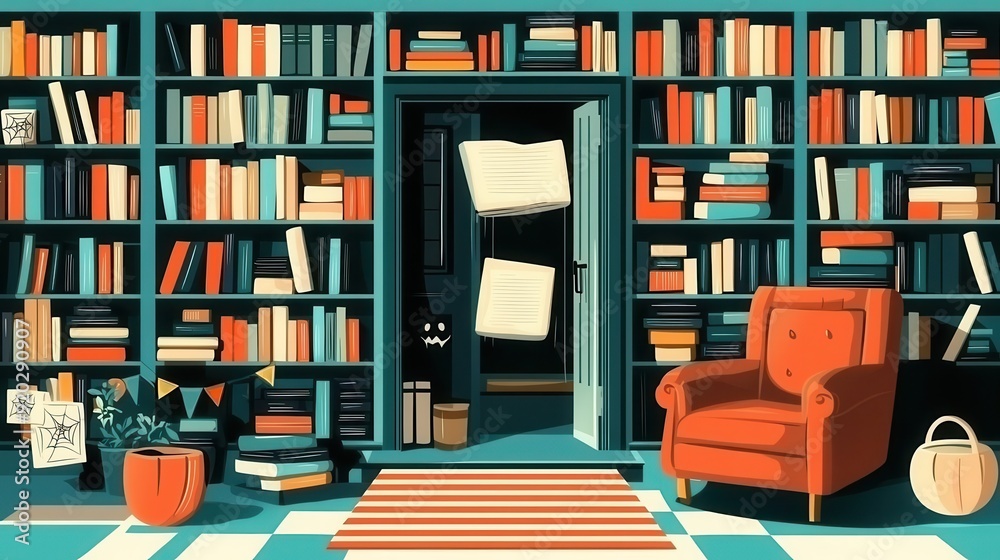 Spooky haunted library, floating books, flat design illustration