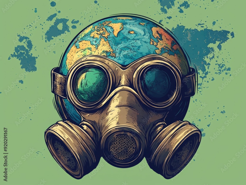Planet Earth in Distress - Cartoon Earth Wearing Gas Mask Depicting Severe Air Pollution Crisis Planet Earth in Distress - Cartoon Earth Wearing Gas Mask Depicting Severe Air Pollution Crisis