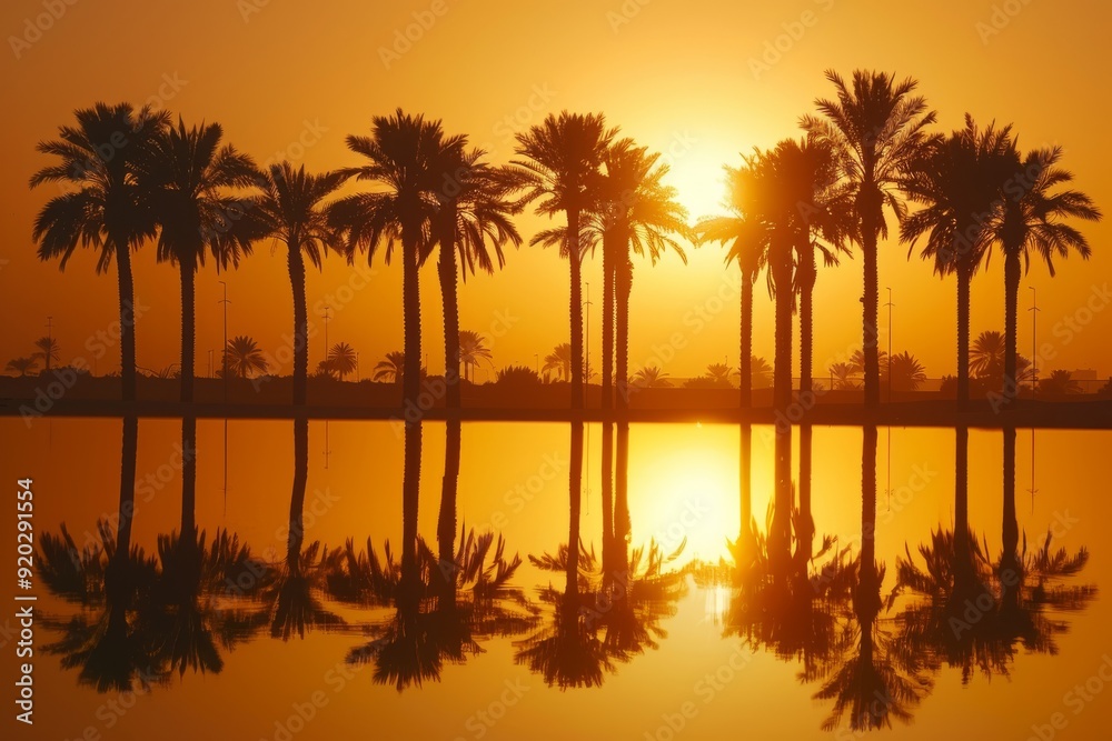 Obraz premium A breathtaking and colorful sunset beautifully mirrored in the serene, tranquil waters lined with tall palm trees