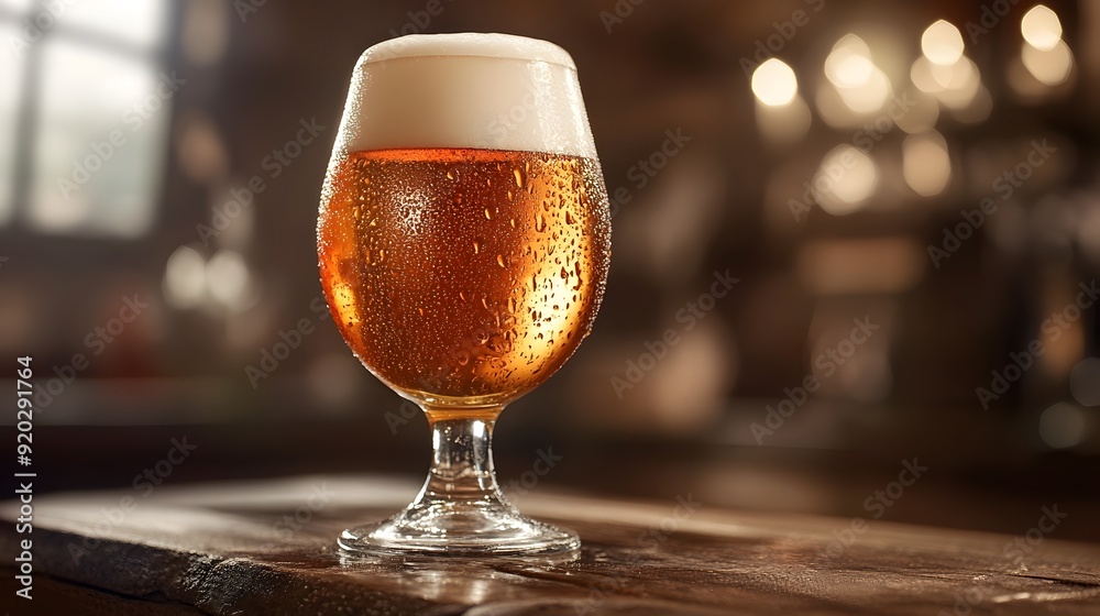 Pint of Amber Beer with Foam and Condensation on Wooden Surface Pint of Amber Beer with Foam and Condensation on Wooden Surface