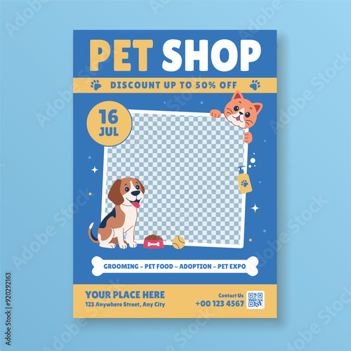 Pet shop flyer template with cute dog and cat and empty space for your image