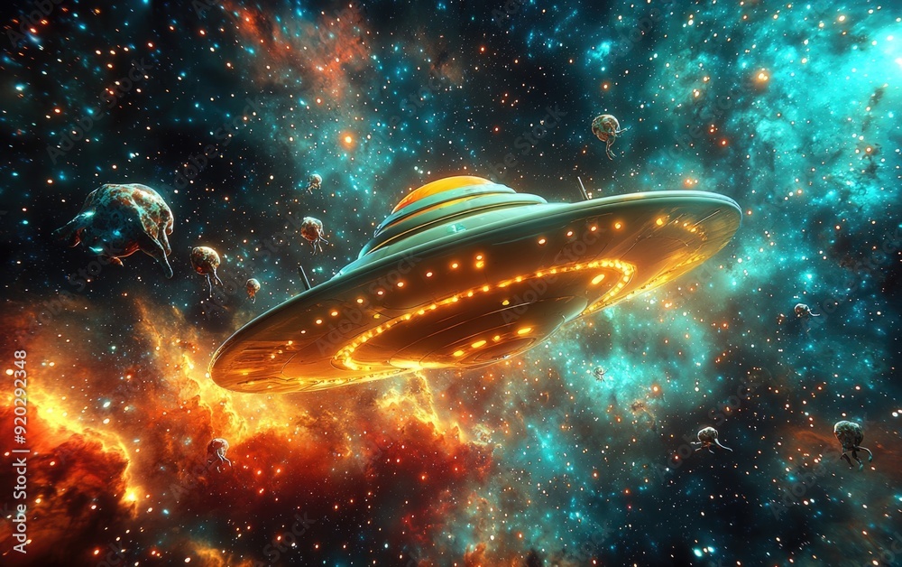 Joyful Cartoon UFO and Alien Crew Journeying Through Vibrant Nebula Exploration Adventure Joyful Cartoon UFO and Alien Crew Journeying Through Vibrant Nebula Exploration Adventure
