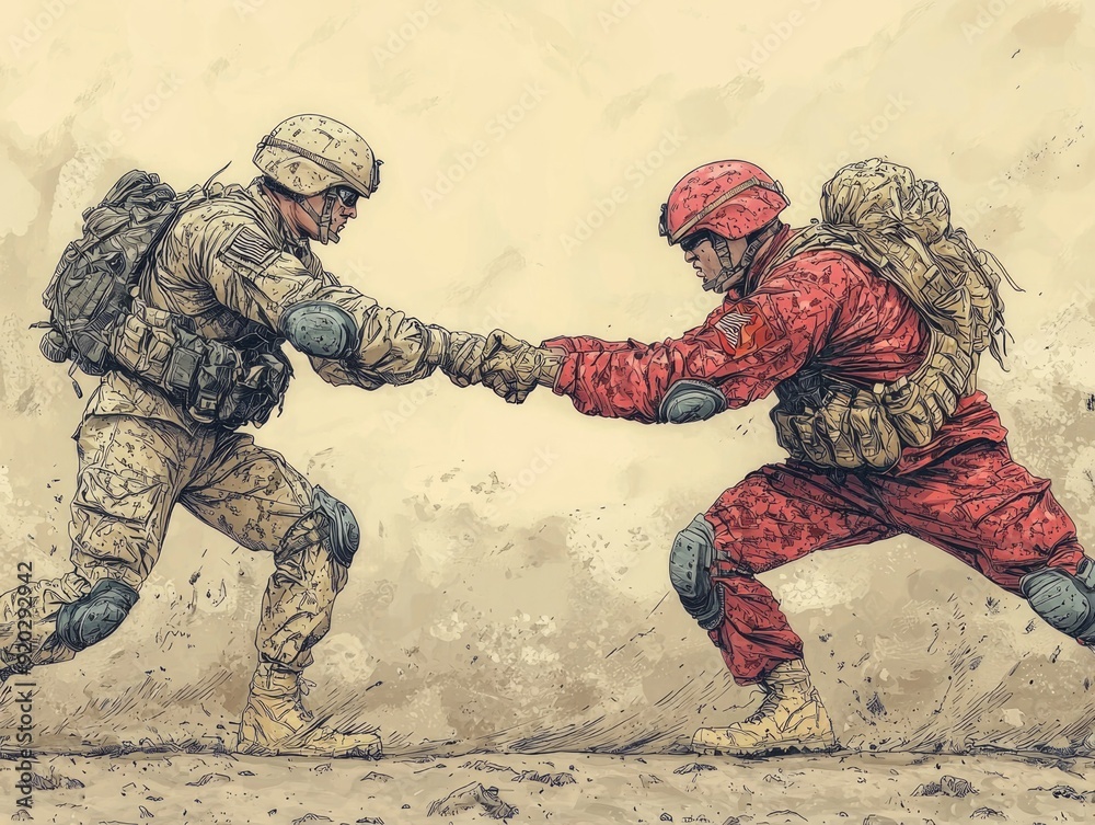 Fototapeta premium Clash of Rival Soldiers - Intense Cartoon Hand-to-Hand Combat Scene