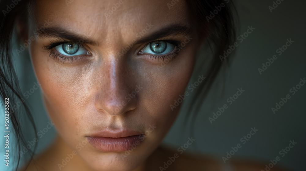 Fototapeta premium Intense close-up of a woman's piercing blue eyes, showcasing deep emotion and striking beauty, with a serious and focused expression.