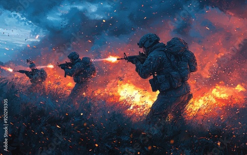 Intense Cartoon Soldier Firefight with Tracer Rounds Illuminating Battle Scene