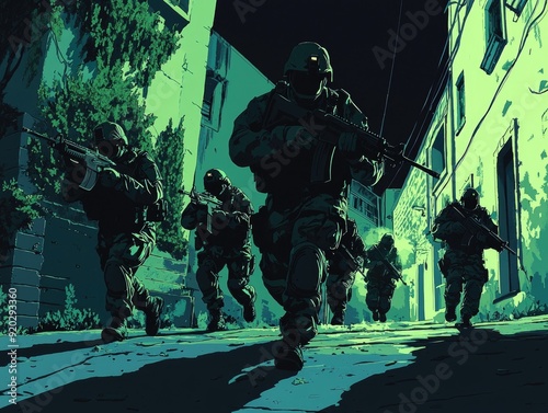 Under the Cover of Darkness: Cartoon Soldiers Executing a Stealthy Nighttime Raid with Strategic Maneuvers and Shadows