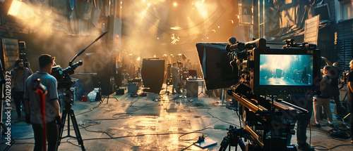 A smoky, cavernous film set located in an interior studio production stage