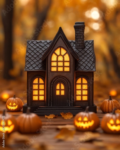 A cake shaped like a haunted house, covered in intricate fondant details, surrounded by glowing jack-o'-lanterns, soft shadows, in a cozy autumn setting, 3D rendering photo