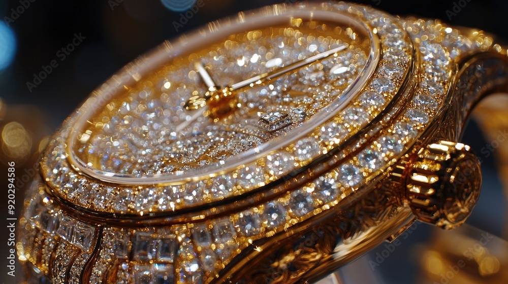 Luxurious Gold and Diamond-Encrusted Watch Close-Up Detail View Luxurious Gold and Diamond-Encrusted Watch Close-Up Detail View