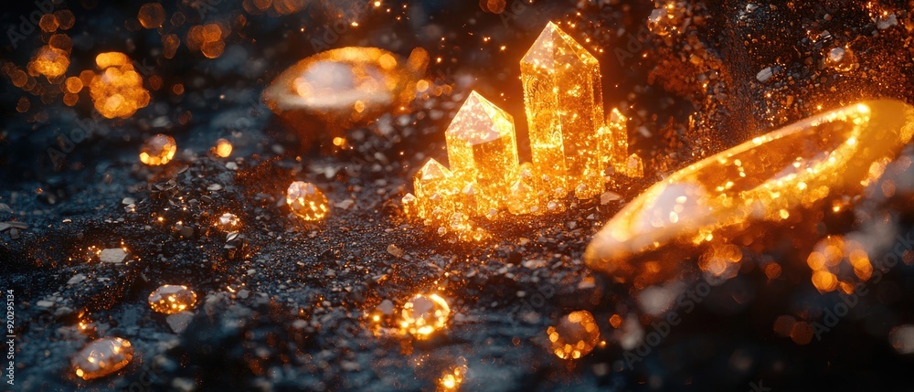 Glowing Elegance: Luxurious Golden Artifacts and Shimmering Gemstones on Dark Background