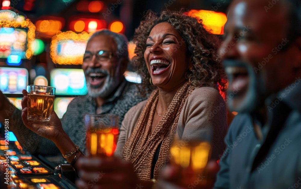 Joyful Casino Players Celebrating Jackpot Win at Slot Machine Joyful Casino Players Celebrating Jackpot Win at Slot Machine